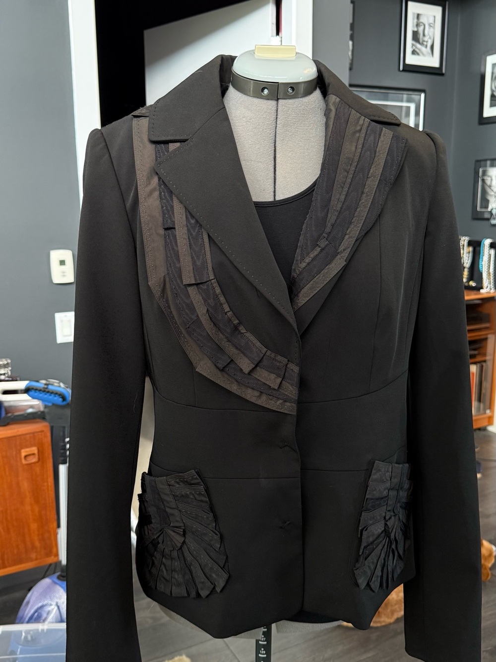 Elie Tahari Black Pleated Trim Blazer Jacket